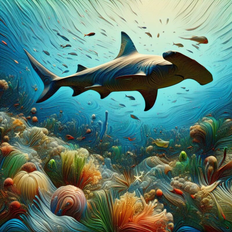 Künstlerische Darstellung eines Hammerhais im Riff