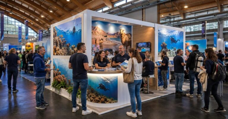 Lagona Divers Messestand auf der InterDive 2026 in Friedrichshafen mit Besuchern und Tauchern.