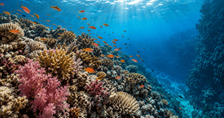 Buntes, gesundes Korallenriff im Roten Meer bei Dahab mit Fahnenbarschen