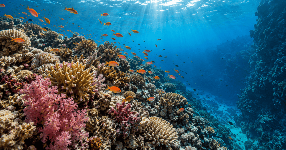 Buntes, gesundes Korallenriff im Roten Meer bei Dahab mit Fahnenbarschen